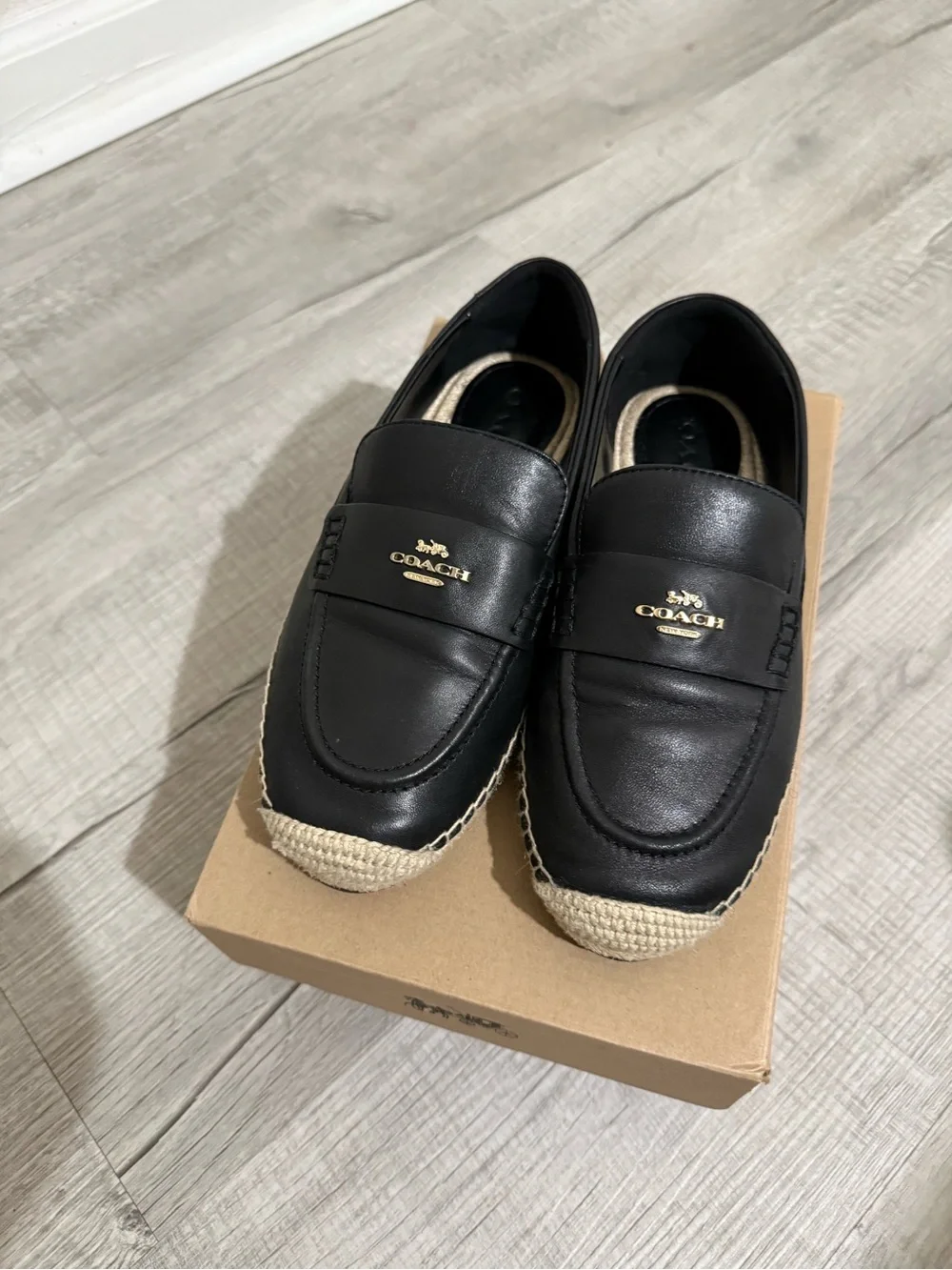 Coach Black Leather Espadrille Penny Loafers with Gold Logo